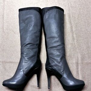 Modern Vintage Gray / Black Leather Tall Boots With Heels Size 7.5